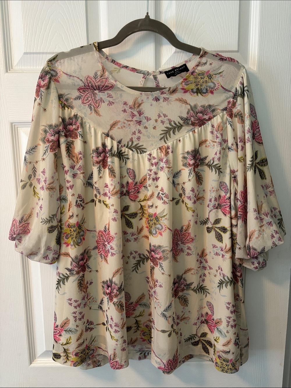PLUS SIZE Lane Bryant Cream Floral Blouse with Pink and Green Accents